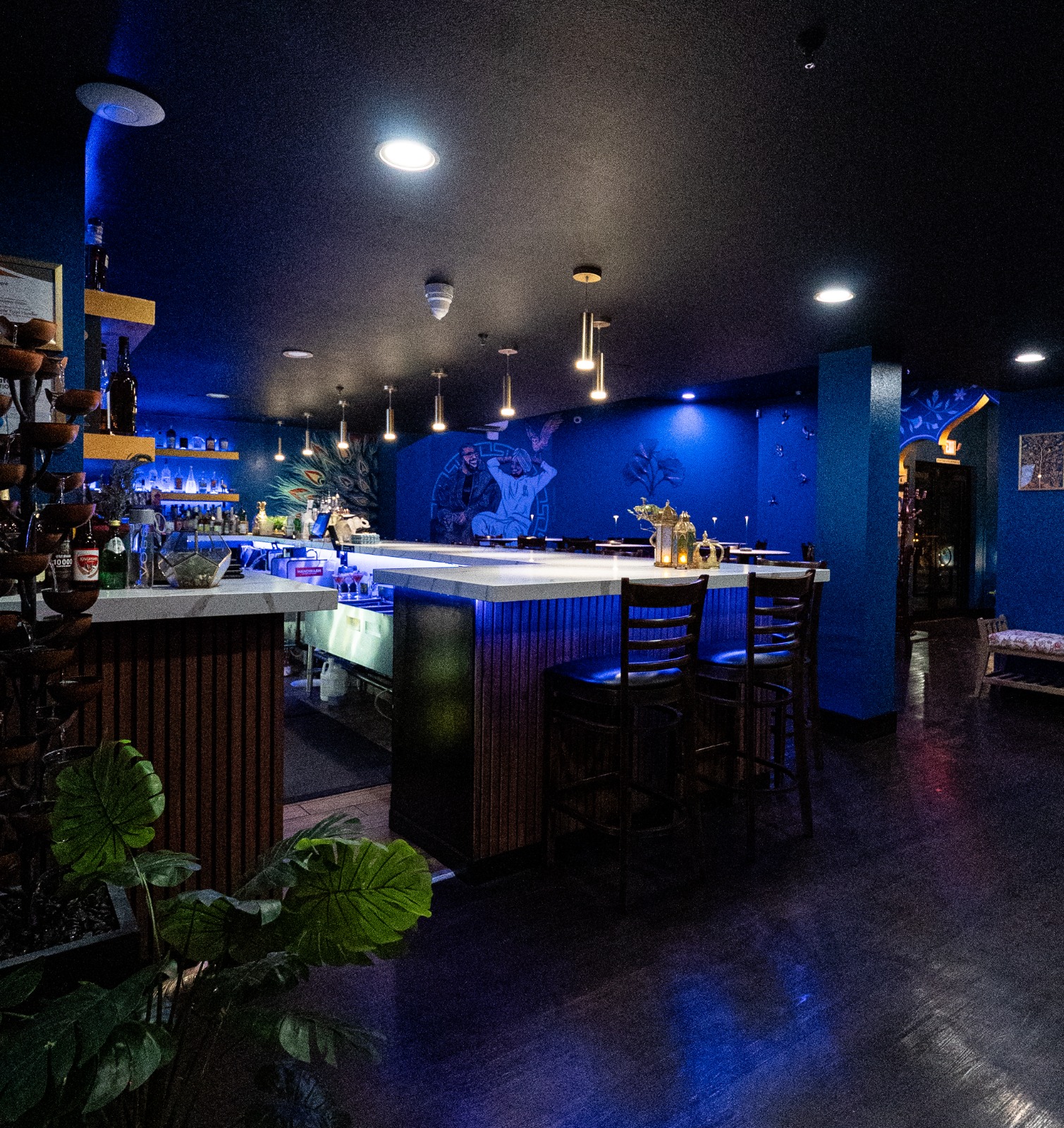 A bar lit in blue